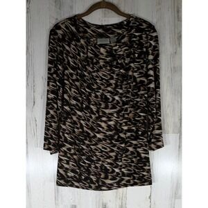 Chicos Travelers Top Size 1 Medium Brown Black Abstract Studded 3/4 Sleeve Tunic